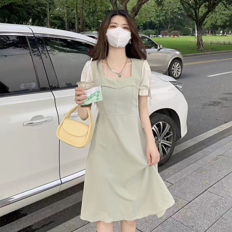 2024夏季新款撞色方領泡泡袖收腰中長款連衣裙女裝小個子氣質裙子