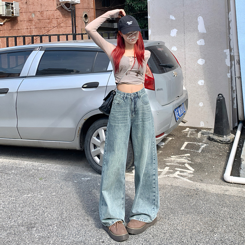 實拍 復古闊腿牛仔褲女2024年早春新款高腰寬鬆顯瘦垂感拖地褲