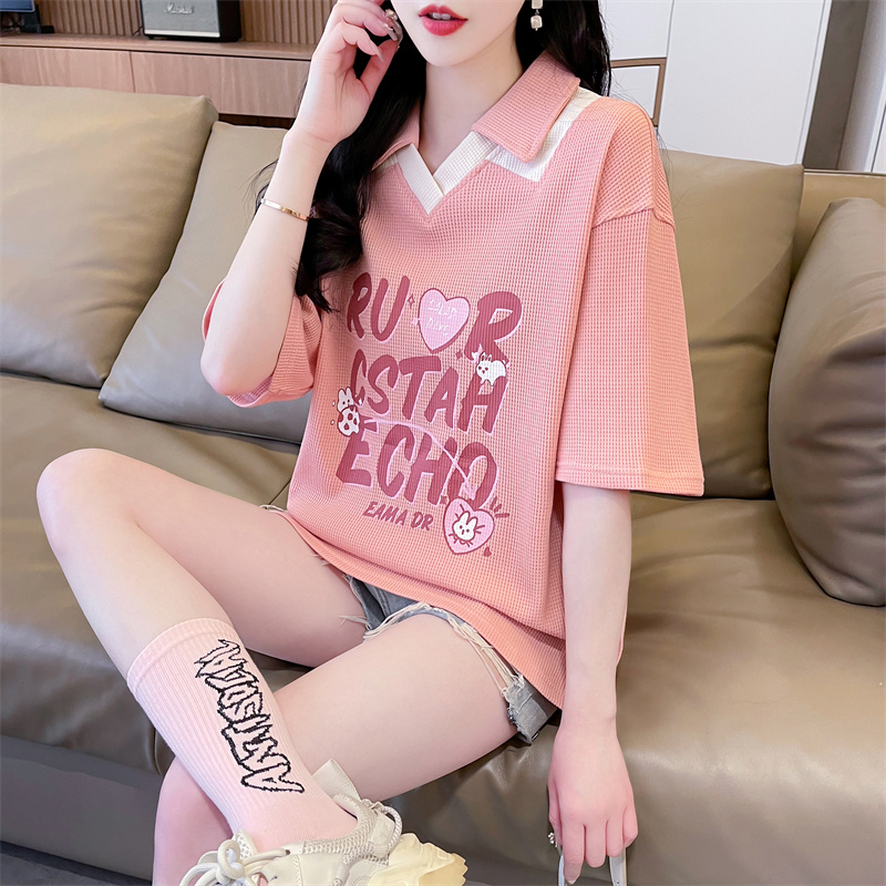 實拍 2024夏季新款韓版寬鬆POLO領拼色中長款大碼短袖T恤女