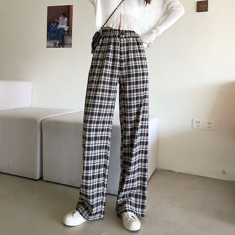 Actual shot~Korean style high-waist slimming elastic-waist plaid wide-leg pants floor-length pants versatile trousers