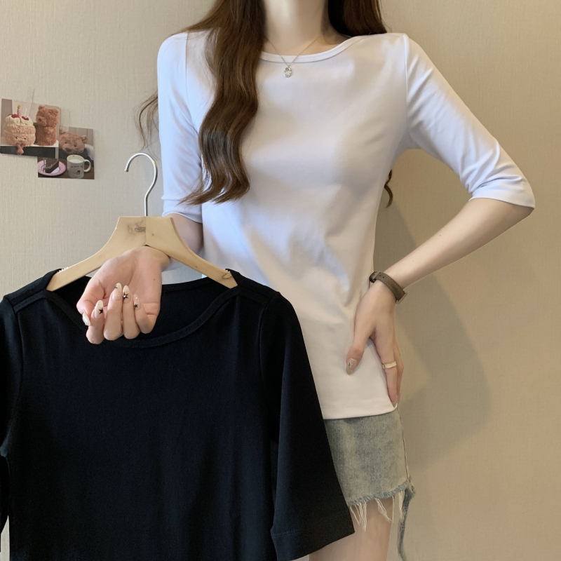 實拍 40支純棉 2024夏裝一字領短袖T恤女半袖五分袖正肩純色上衣