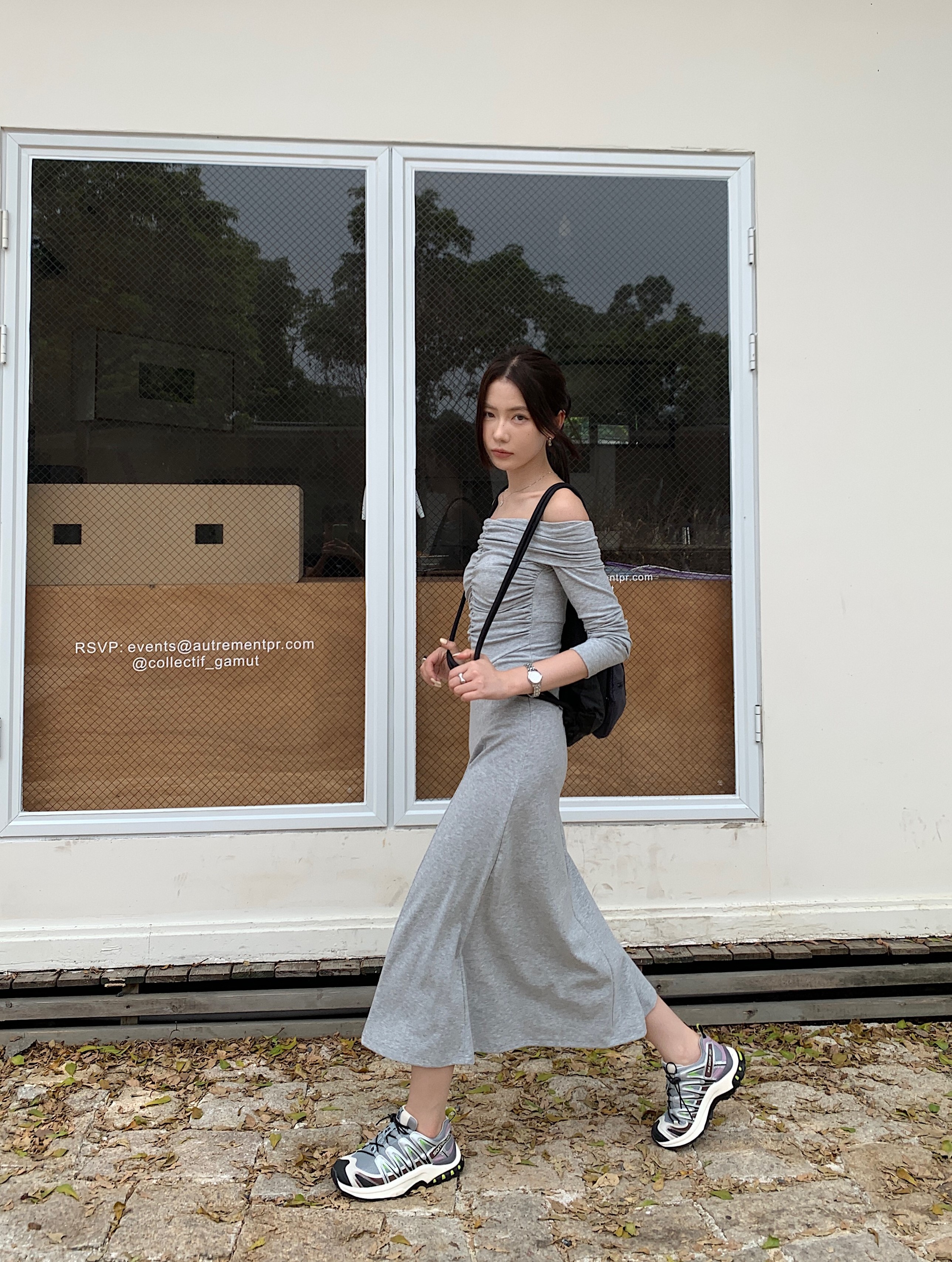 Real shot Korean original order~~Versatile and elegant pleated design slim long dress