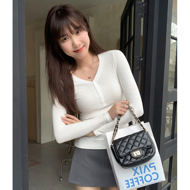 Real photos of bamboo cotton-breasted slim-fitting right shoulder long-sleeved T-shirt for women 2024 new bottoming shirt with inner top