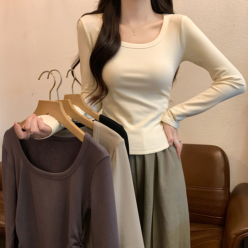 Real shot 2024 spring Korean version loose 1*1 thread 210g square collar solid color short bottoming shirt long sleeve T-shirt for women