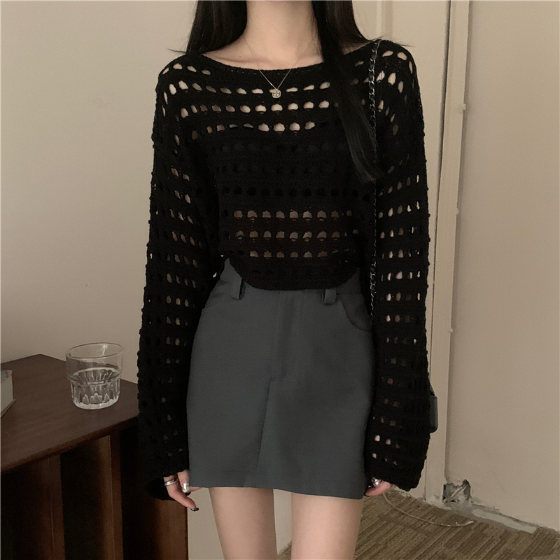 Actual shot of new spring and summer long-sleeved hollow sweater thin sun protection blouse top