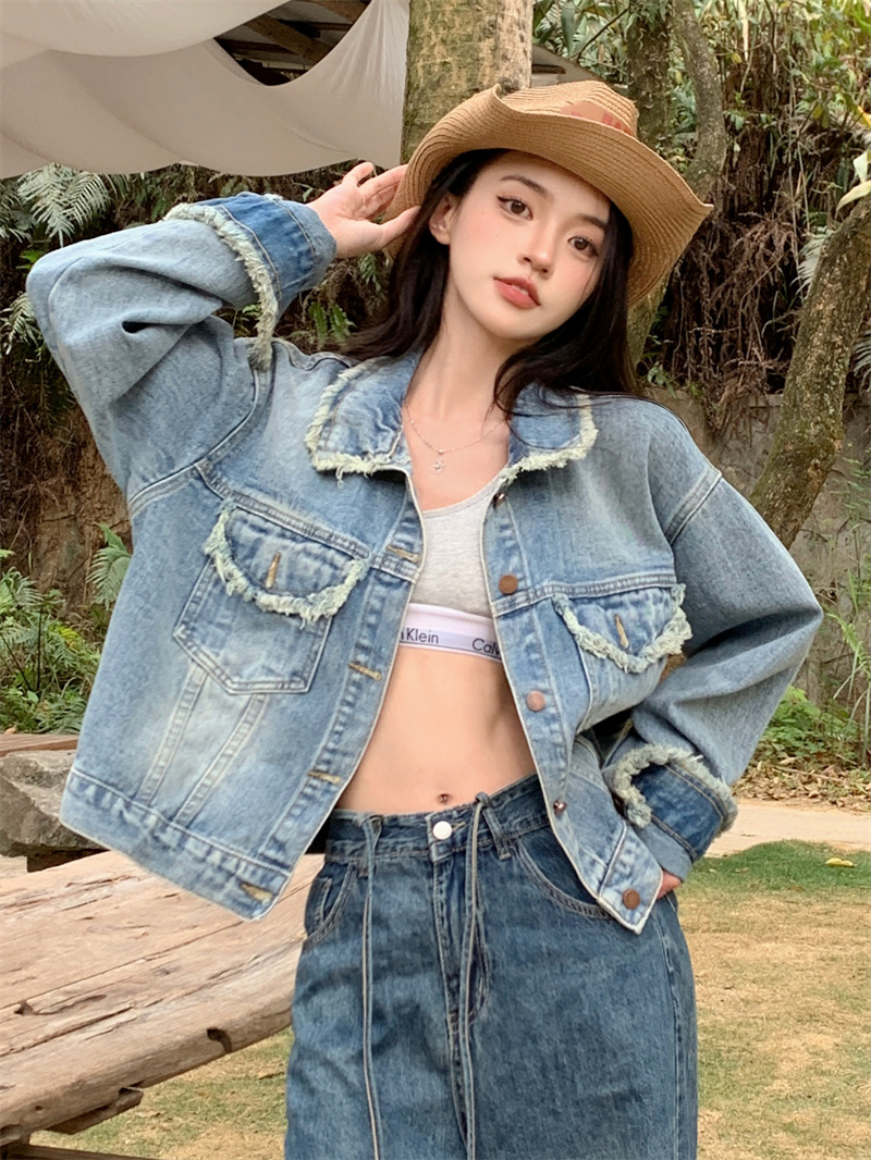 實拍~磨破做舊復古牛仔外套女寬鬆顯瘦韓系oversize休閒上衣