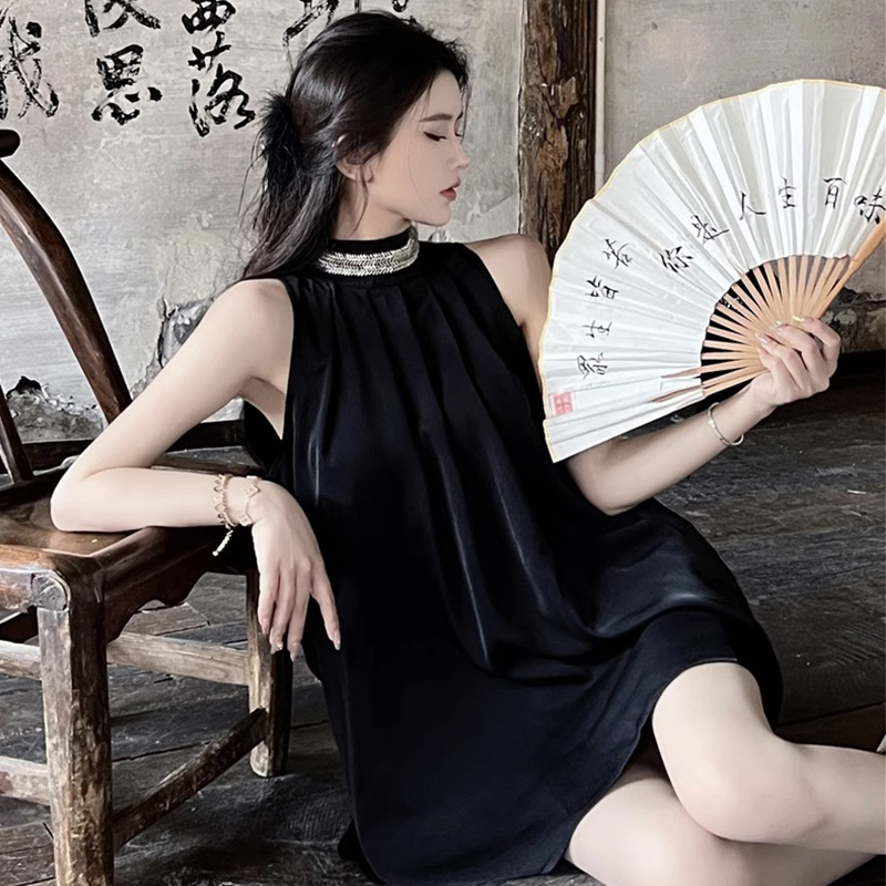 Official photo Halterneck top dress women's summer skirt petite loose a-line off-shoulder temperament skirt