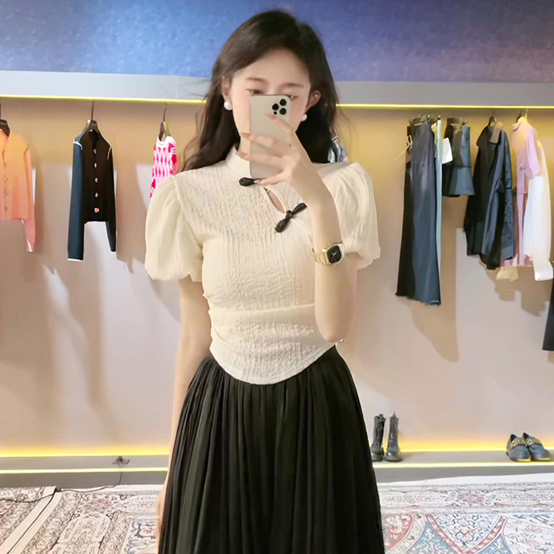 Official photo New Chinese style improved button cheongsam short-sleeved pure lust style puff sleeve thin shirt top