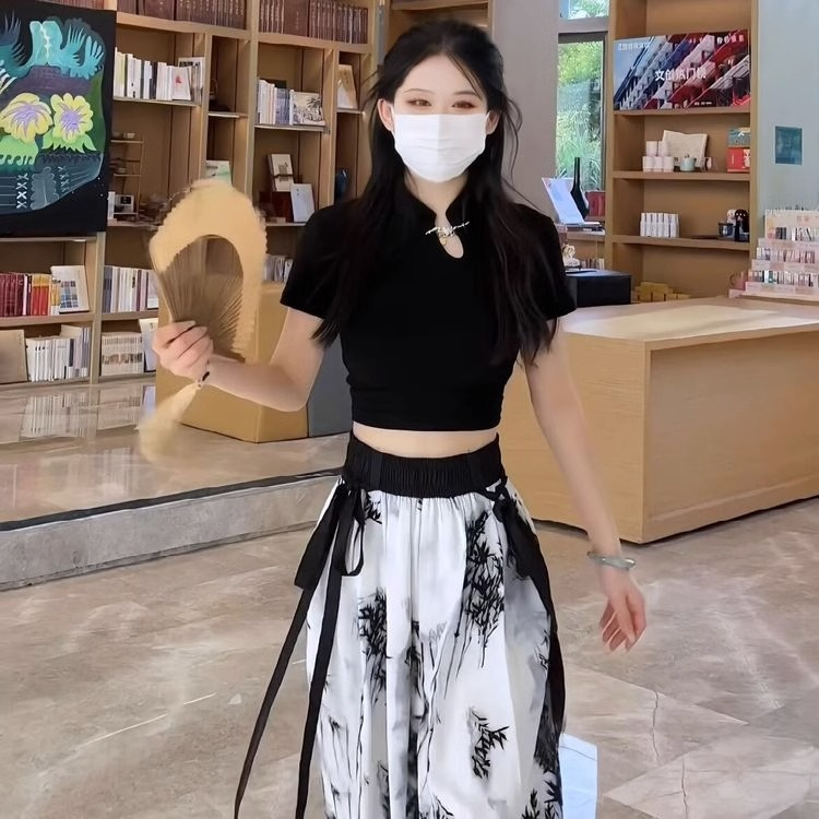 Official picture Design niche improved cheongsam Chinese style top black right shoulder short sleeve t-shirt for women summer
