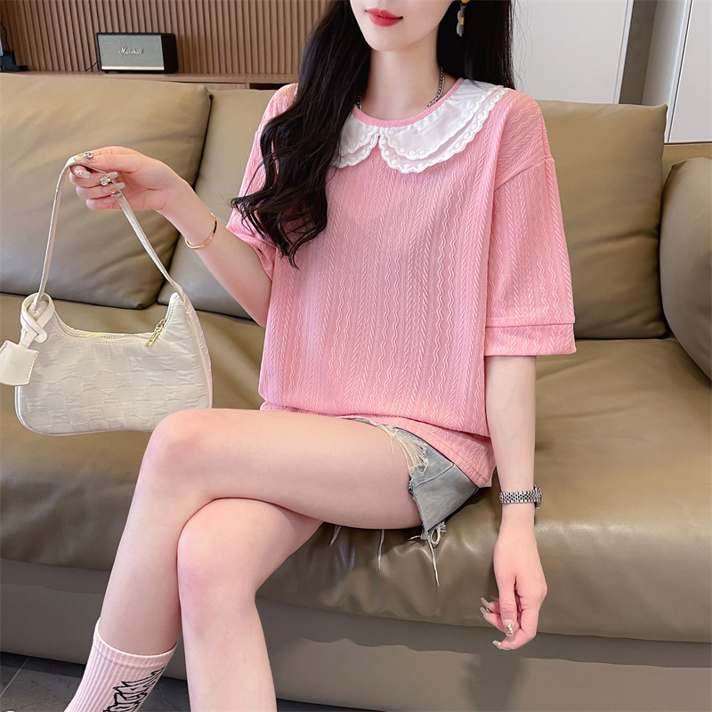 實拍 2024夏季新款韓版寬鬆簡約娃娃領中長款大碼短袖T恤女
