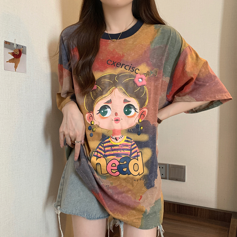 實拍 2024夏裝韓版寬鬆純棉趣味印花中長款大碼短袖T恤女