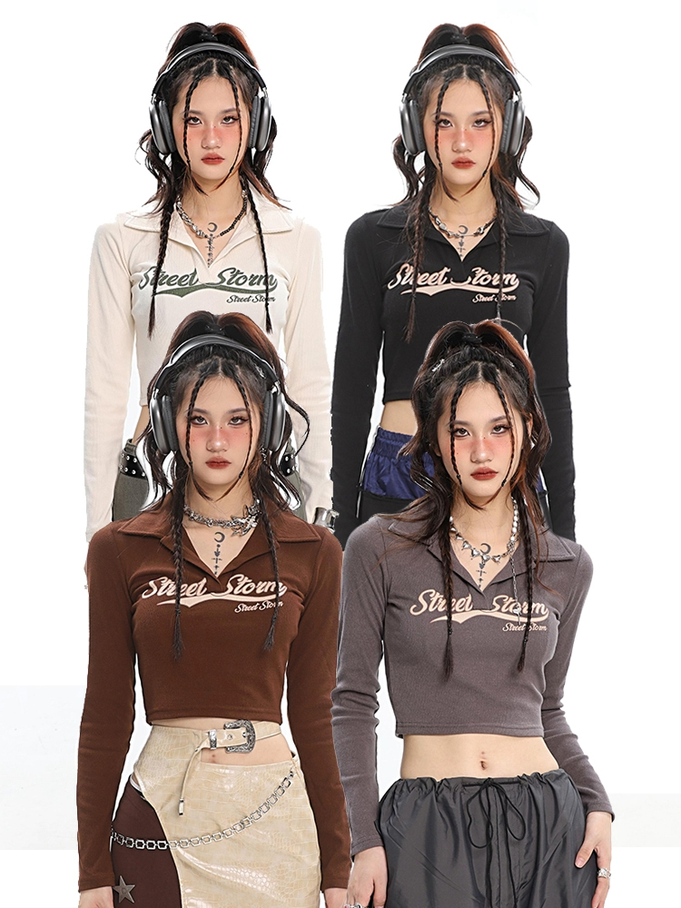 92 polyester fiber 8 spandex American V-shaped lapel letter slim top women's short T-shirt