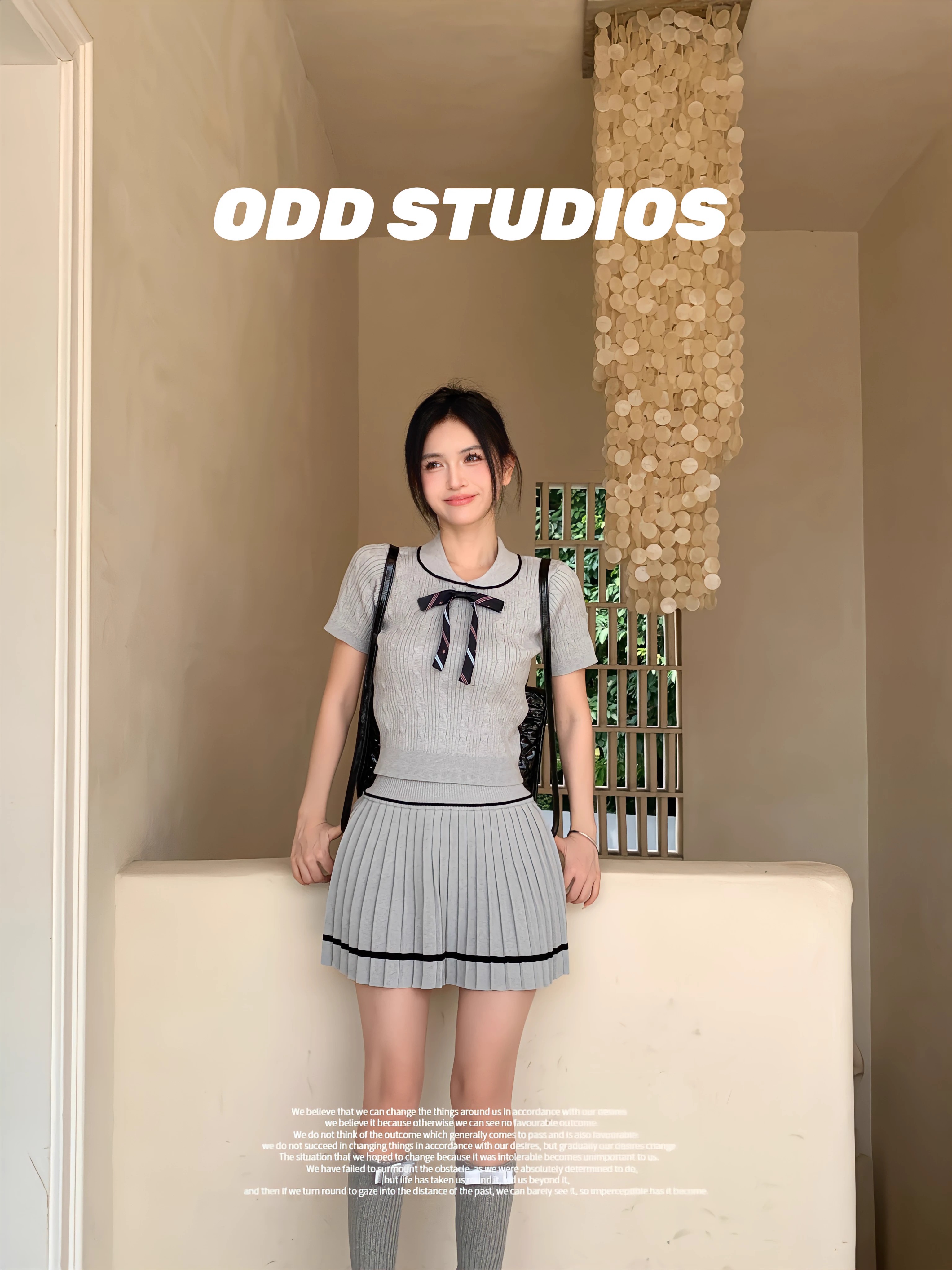 小個子初秋學院風針織套裝百褶裙短袖娃娃領蝴蝶結短袖針織上衣女