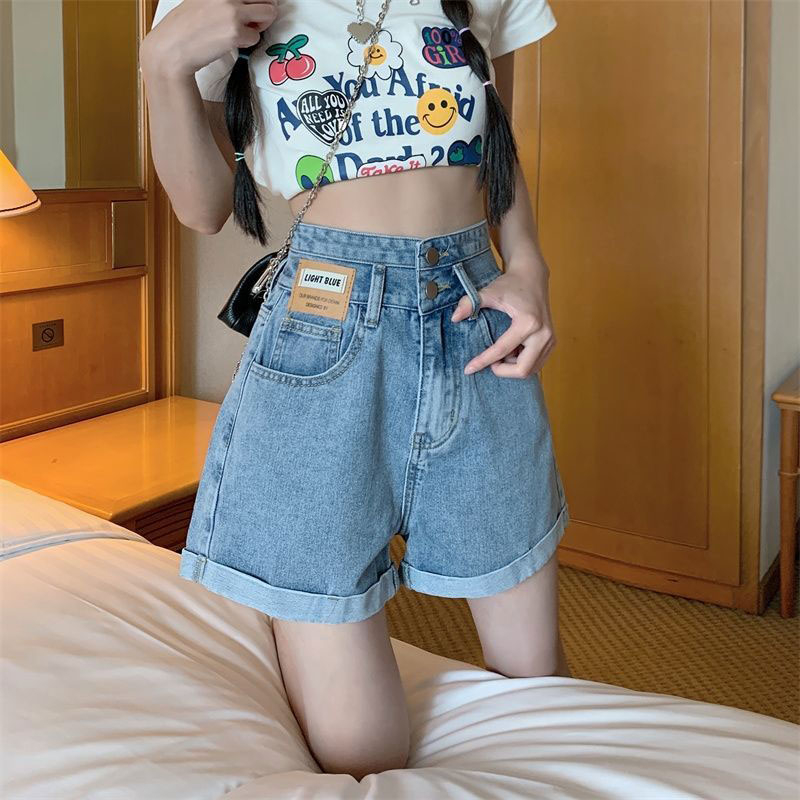 高腰牛仔短褲女夏季薄款2024新款雙排扣卷邊闊腿褲寬鬆顯瘦a字褲