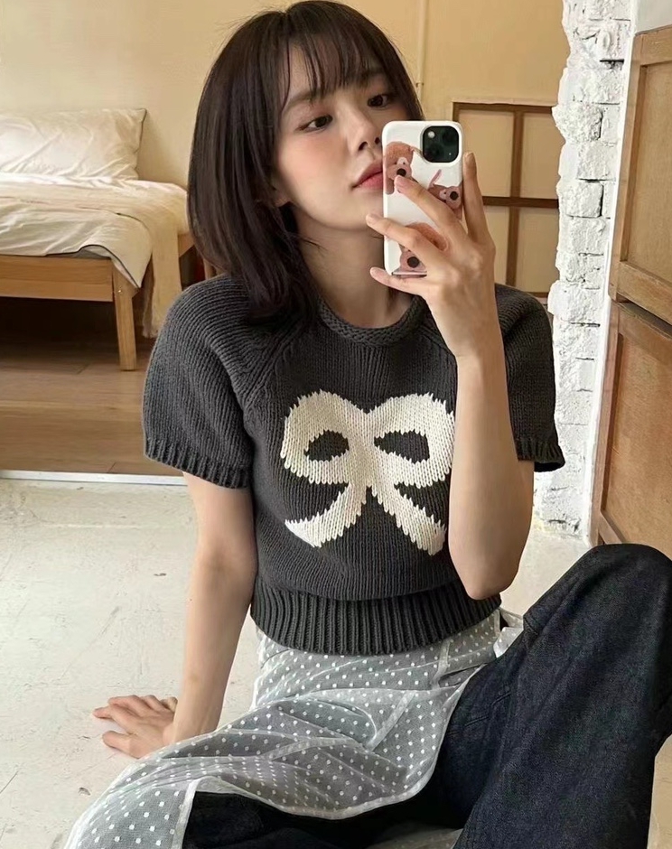 INS韓國東大門！減齡少女感可愛蝴蝶結針織短袖上衣春季新款
