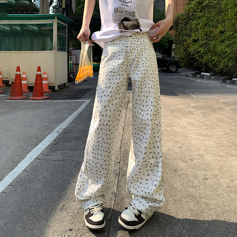 實拍復古高腰小碎花寬鬆闊腿褲小眾百搭直筒牛仔褲女春夏長褲加長