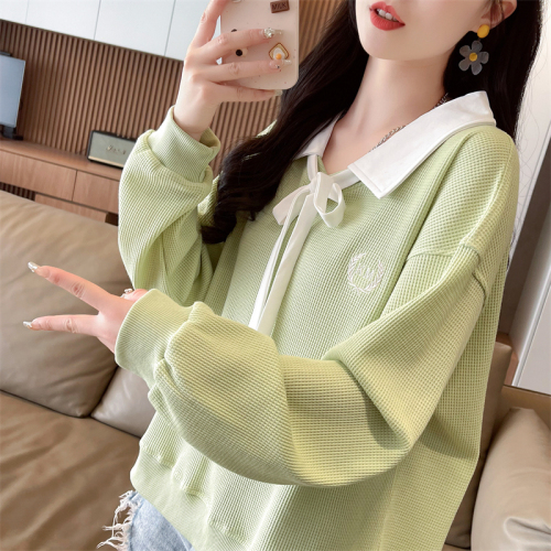 Real shot 2024 spring new Korean style 260g waffle POLO collar contrasting color lace-up thin sweatshirt for women