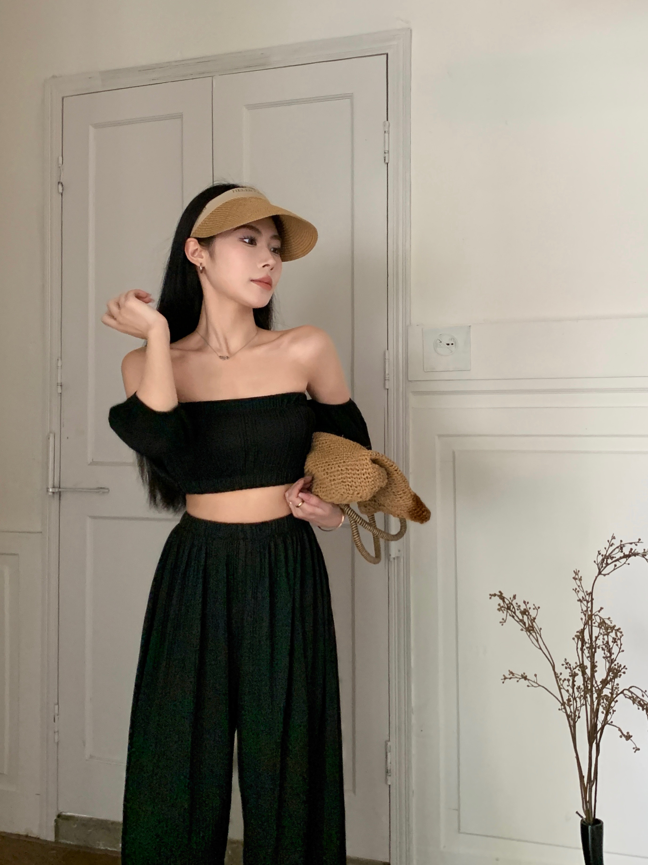 實拍~性感辣妹泡泡袖抹胸女夏季高腰休閒褶皺闊腿長褲兩件套