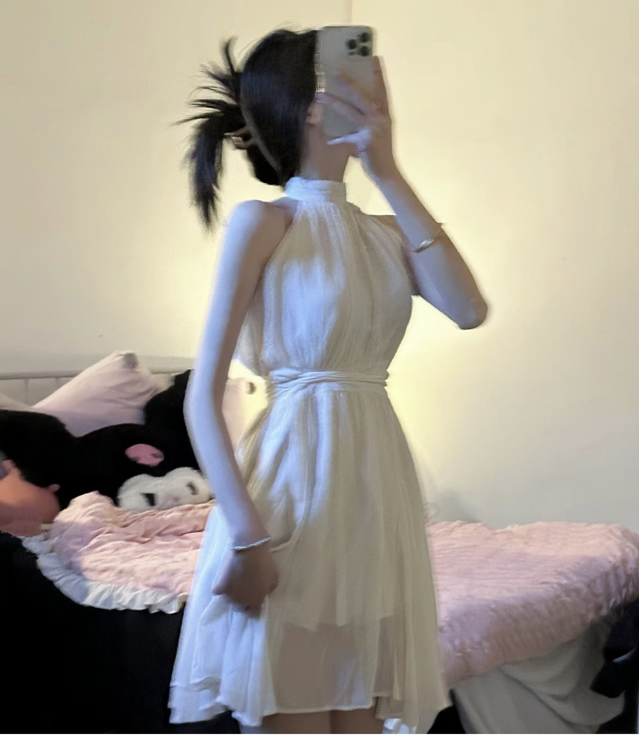 法式無袖飄帶雪紡連衣裙女夏季甜辣妹白色a字裙子收腰度假風短裙