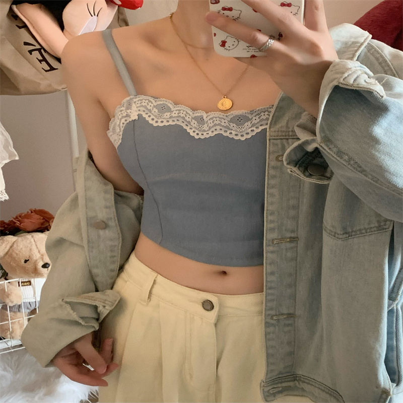Real shot~Sexy lace denim suspender all-in-one tube top for women autumn and summer new outer wear beautiful back