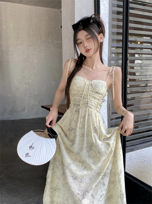 實拍復古印花連衣裙夏一字領收腰顯瘦吊帶純欲氣質高級感水墨
