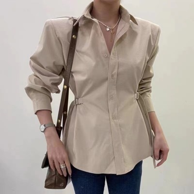 Korean chic early spring soft blue lapel single-breasted lace-up waist slimming versatile long shirt for women