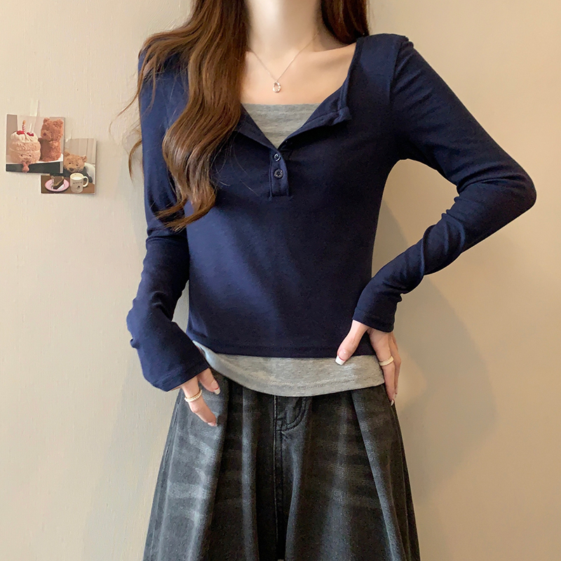 Real shot 2024 spring Korean version 1*1 thread 210g V-neck fake two-piece slim short large size long-sleeved T-shirt for women