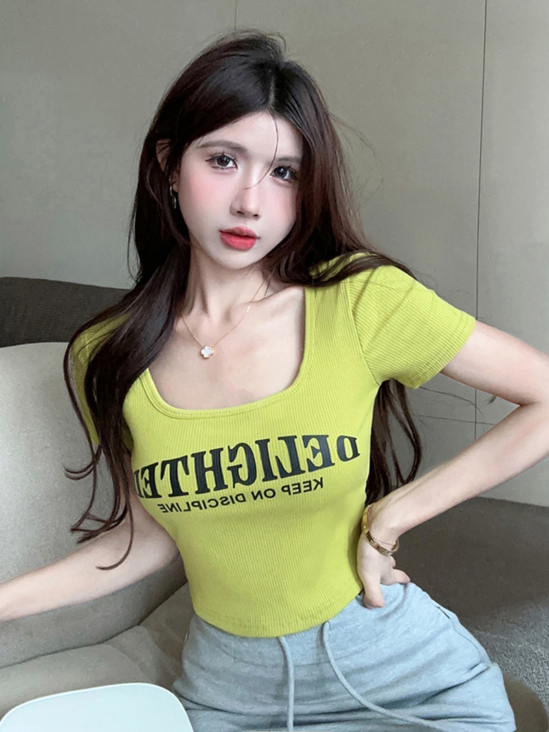 實拍   大U領正肩印花短袖T恤女夏季短款辣妹露臍上衣