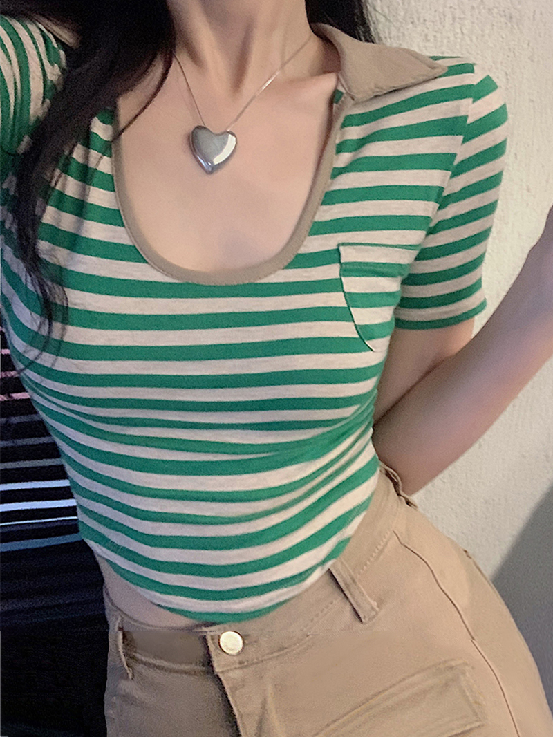 實拍 條紋短袖T恤女夏季修身U領短款辣妹上衣