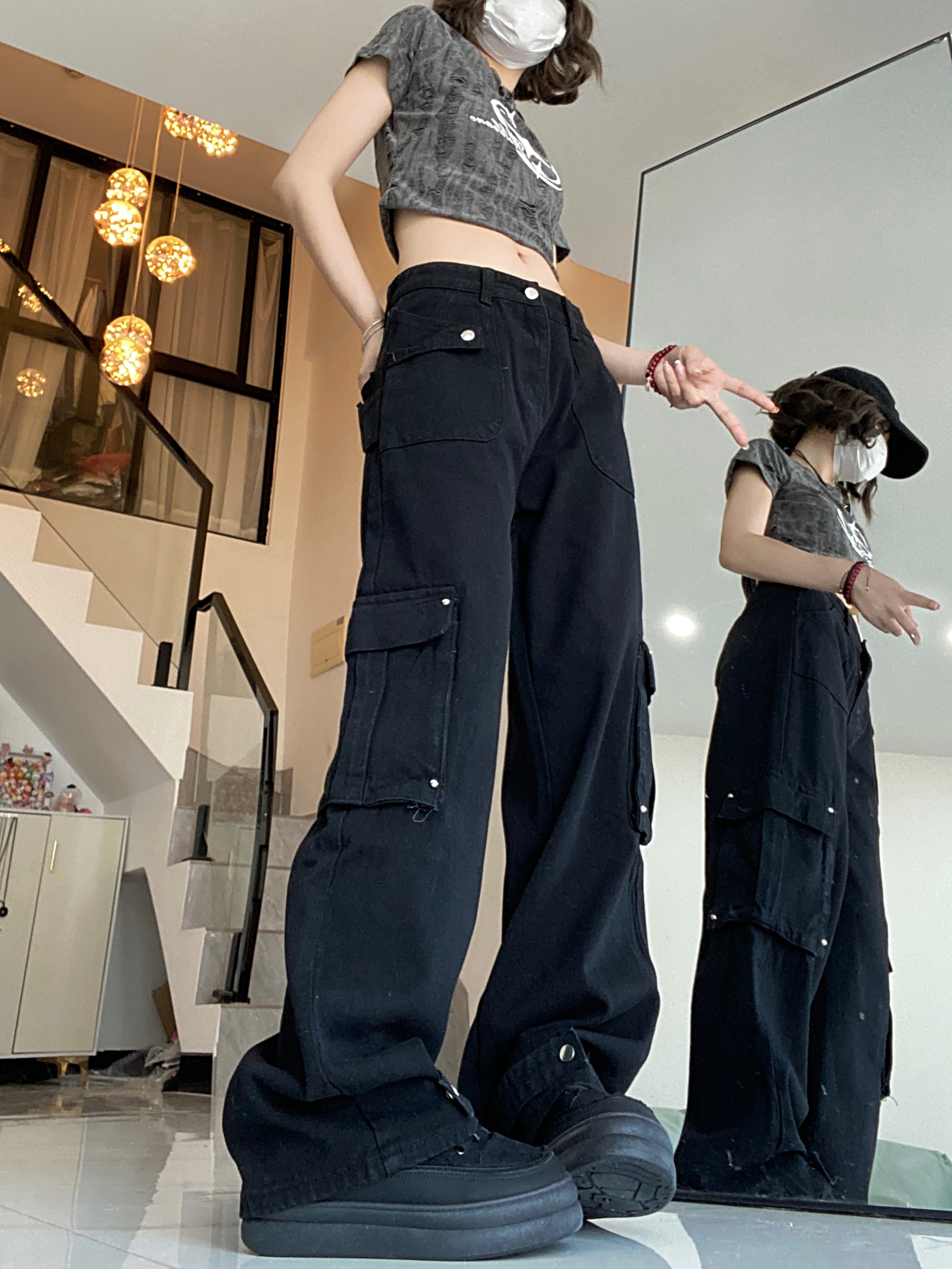 實拍~辣妹黑色牛仔工裝褲女高腰街頭水洗直筒闊腿褲休閒