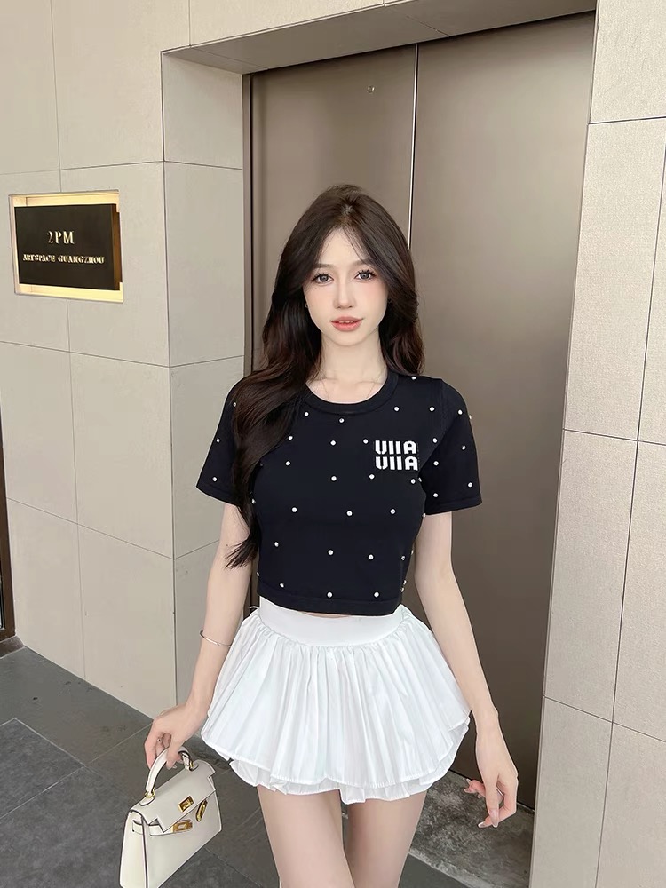 辣妹字母燙鑽圓領短袖T恤女網紅復古修身顯瘦露臍短款高腰上衣潮