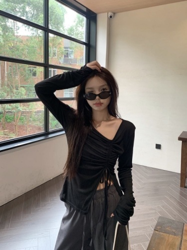 Real shot Designed pleated lace-up long-sleeved T-shirt irregular sun protection shirt high-waisted wide-leg mask pants two-piece set