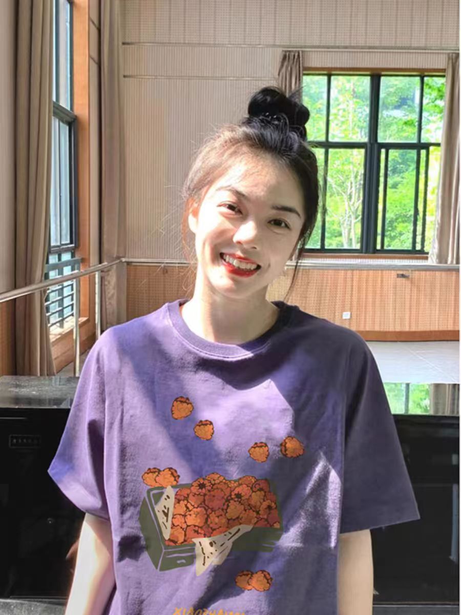 200克精梳緊密賽落紡 純棉後包條 春夏寬鬆正肩印花短袖T恤