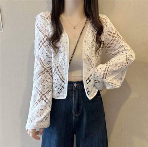 Actual shot~New crochet versatile knitted cardigan short top jacket