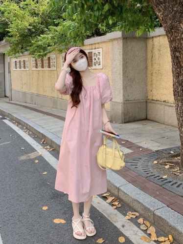 Real shot of high-waisted slim puff-sleeved square-neck shirt dress solid color strappy long skirt for women