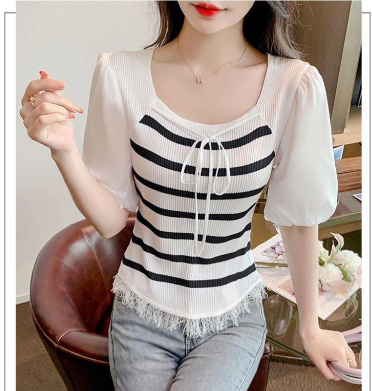 Striped lace up fake two-piece spliced ​​sweater with chiffon sleeves for women 2024 summer new style slim slim top trendy and fashionable