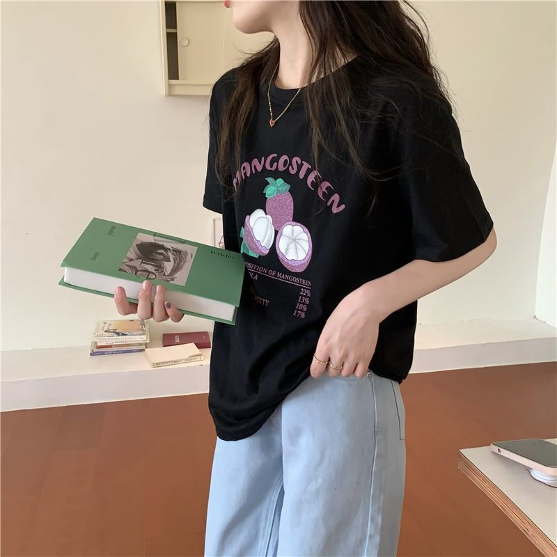 韓版寬鬆短袖t恤女夏季洋氣印花體恤百搭上衣服