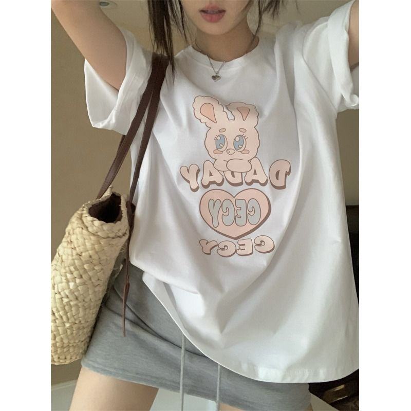 韓系兔子印花短袖百搭休閒可愛T恤上衣女夏