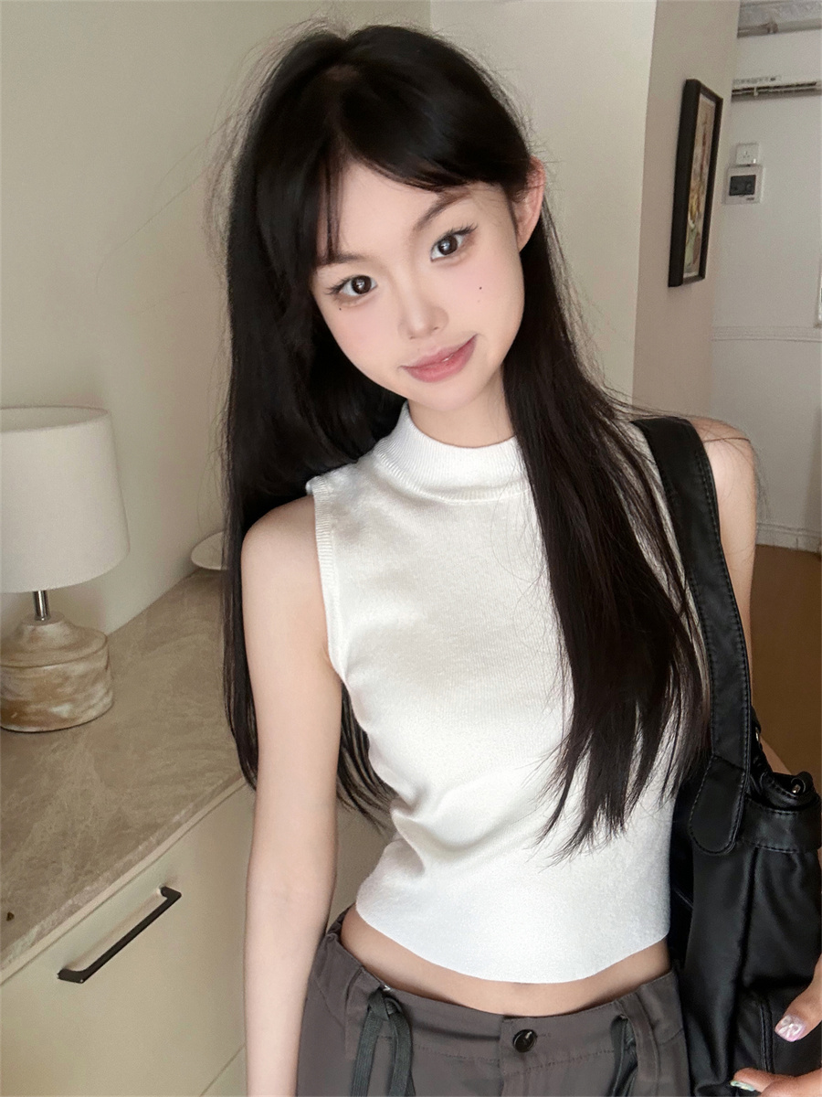 實拍半高領吊帶背心女夏西裝內搭針織打底衫短款無袖上衣