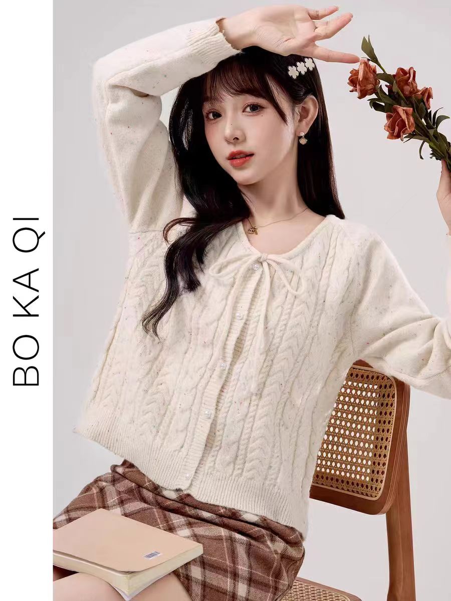 Retro Bow Sweater Women's Bead Button Twist Autumn Knitted Cardigan