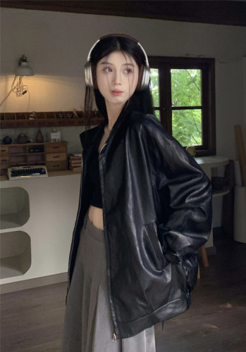 Real shot of large size American simple black retro leather jacket