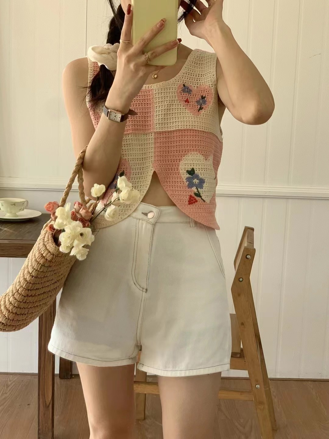 甜美設計感撞色無袖針織背心夏季小眾寬鬆短款愛心花朵背心