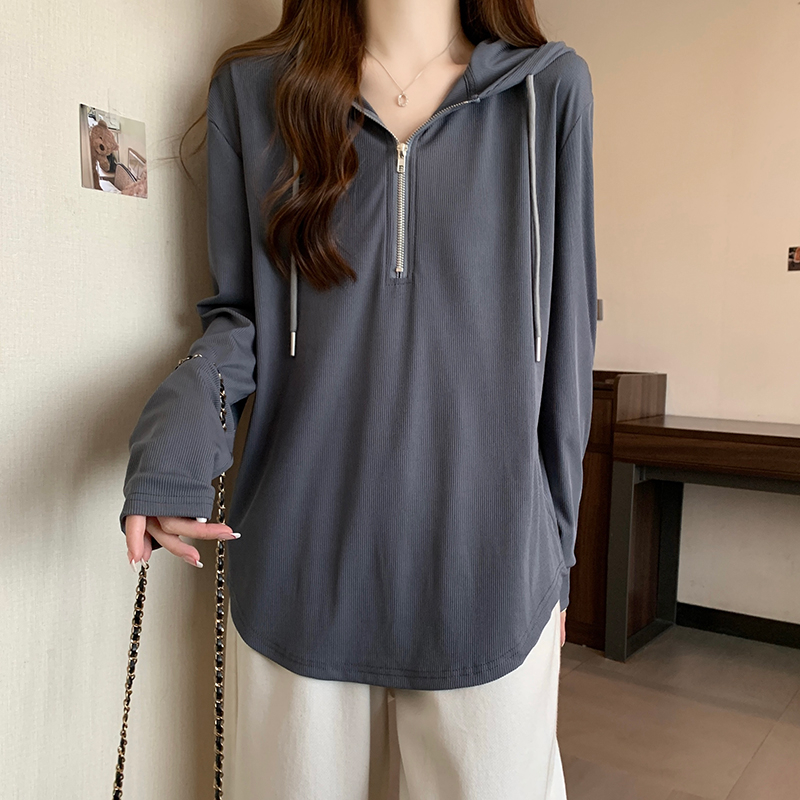 Real shot 2024 spring Korean version 250g hooded solid color mid-length large size bottoming shirt long-sleeved T-shirt for women