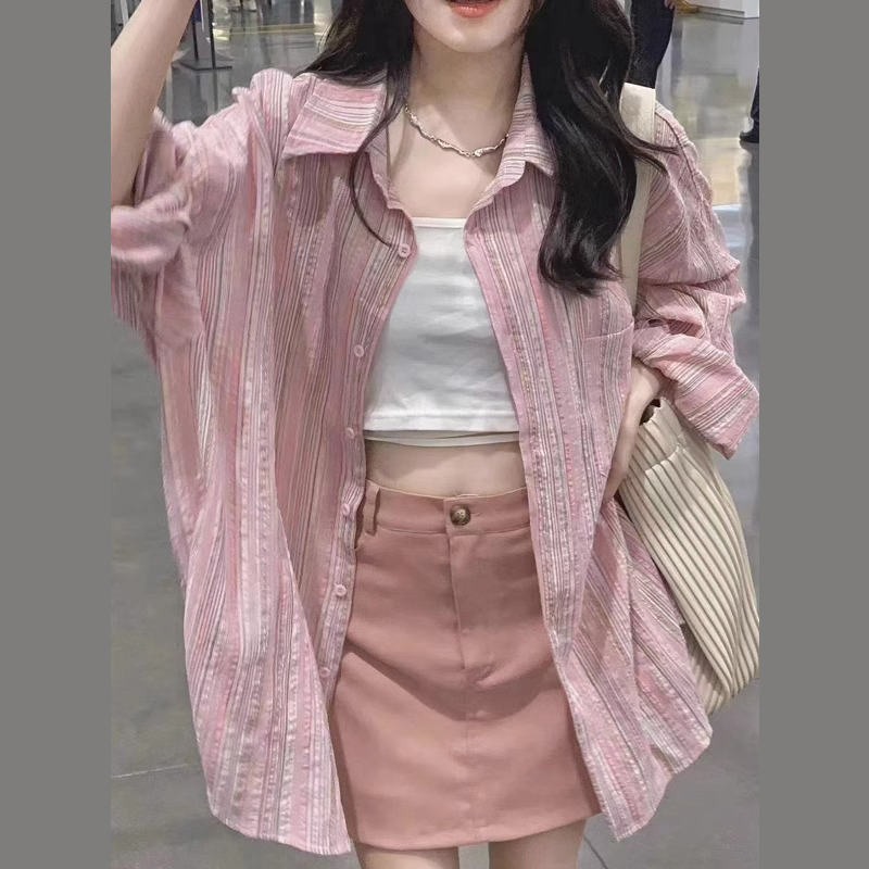 2024春裝新款大碼女裝韓國chic粉色條紋襯衫設計感慵懶風防曬襯衣