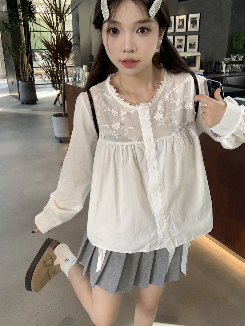 實拍~~法式白色長袖襯衫女設計感蕾絲拼接娃娃衫上衣