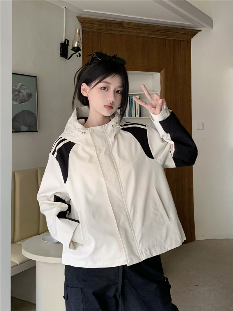 Real Shot 2024 Loose Stand Collar Jacket Women's Casual Color Matching Design Slim Spring Autumn Long Sleeve Jacket
