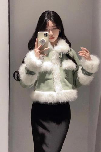 New style furry splicing loose short coat green motorcycle commuter short top for women