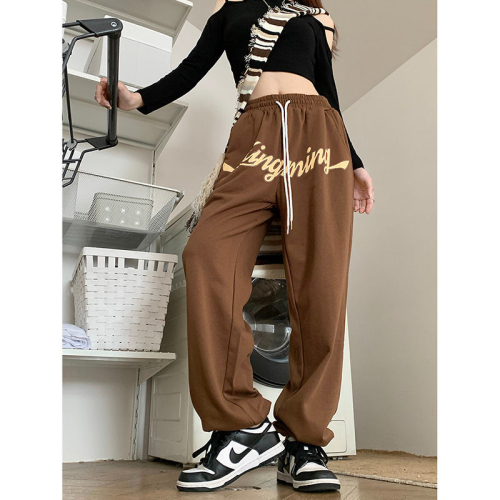 Fat mm large size American sports pants women's loose leggings casual wide legs high waist trendy ins plus fat women's clothing 200 pounds