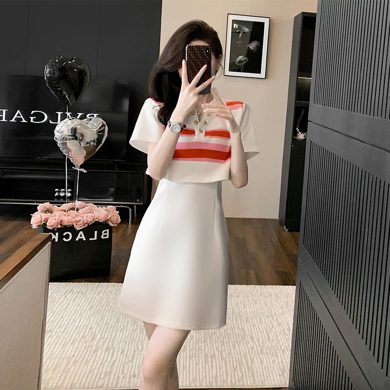 polo白色連衣裙女夏2024新款氣質收腰小個子假兩件高端輕奢休閒裙