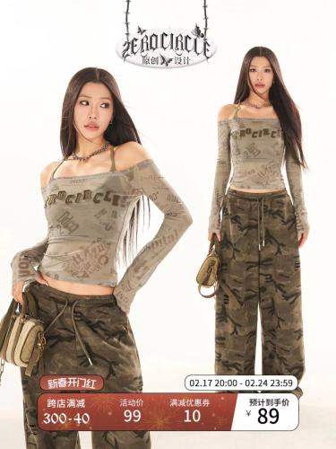 Wild zerocircle suspender two-piece set for women in autumn and winter hot girls slimming one-shoulder short mesh top
